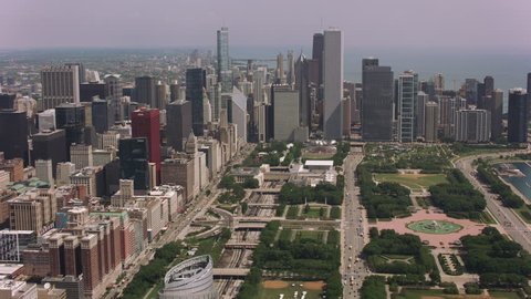Chicago, Illinois circa-2017, Aerial shot of Grant Park, Buckingham Fountain and downtown Chicago. Shot with Cineflex and RED Epic-W Helium.