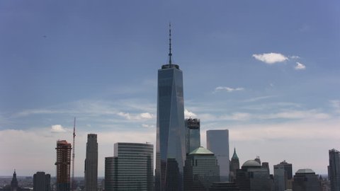 New York City, New York circa-2017, Aerial shot of One World Trade Center in New York City. Shot with Cineflex and RED Epic-W Helium.