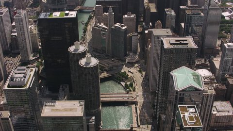 Chicago, Illinois circa-2017, Daytime aerial shot of downtown Chicago and Chicago River. Shot with Cineflex and RED Epic-W Helium.