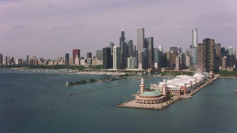 Chicago, Illinois circa-2017, Aerial shot of Navy Pier and downtown Chicago. Shot with Cineflex and RED Epic-W Helium.