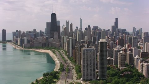 Chicago, Illinois circa-2017, Flying over North Avenue Beach towards downtown Chicago. Shot with Cineflex and RED Epic-W Helium.