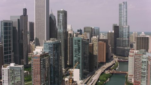 Chicago, Illinois circa-2017, Aerial approach to downtown Chicago from Chicago River. Shot with Cineflex and RED Epic-W Helium.
