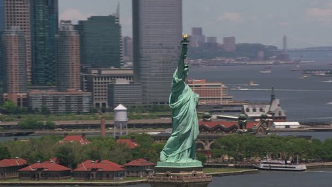 New York City, New York circa-2017, Daytime aerial view of Statue of Liberty in New York City. Shot with Cineflex and RED Epic-W Helium.