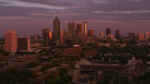 Atlanta, Georgia circa-2017, Flying over downtown Atlanta at sunset. Shot with Cineflex and RED Epic-W Helium.