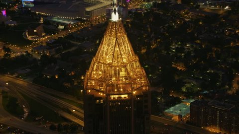 Atlanta, Georgia circa-2017, Closeup aerial view of the Bank of America Plaza building in Atlanta at night. Shot with Cineflex and RED Epic-W Helium.