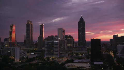 Atlanta, Georgia circa-2017, Aerial shot of downtown Atlanta at sunset. Shot with Cineflex and RED Epic-W Helium.