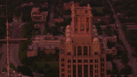 Atlanta, Georgia circa-2017, Closeup aerial view of 191 Peachtree Tower in downtown Atlanta at sunset. Shot with Cineflex and RED Epic-W Helium.