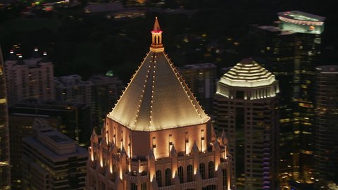 Atlanta, Georgia circa-2017, Closeup aerial shot of One Atlantic Center in Atlanta at sunset. Shot with Cineflex and RED Epic-W Helium.