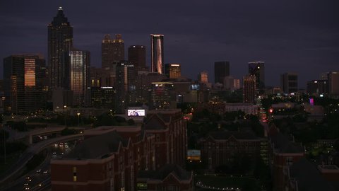 Atlanta, Georgia circa-2017, Aerial view of downtown Atlanta at dusk. Shot with Cineflex and RED Epic-W Helium.