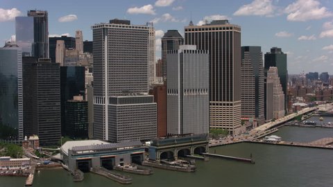 New York City, New York circa-2017, Flying by Battery Park and lower Manhattan. Shot with Cineflex and RED Epic-W Helium.