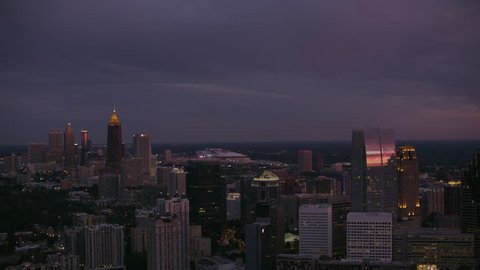 Atlanta, Georgia circa-2017, Aerial shot of downtown Atlanta at dusk. Shot with Cineflex and RED Epic-W Helium.