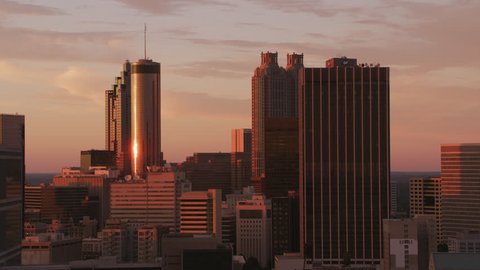 Atlanta, Georgia circa-2017, Aerial view of downtown Atlanta buildings at sunset. Shot with Cineflex and RED Epic-W Helium.