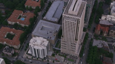 Atlanta, Georgia circa-2017, Overhead aerial view of downtown Atlanta streets. Shot with Cineflex and RED Epic-W Helium.