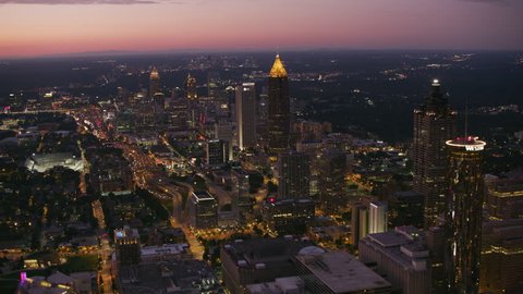 Atlanta, Georgia circa-2017, Aerial view flying over downtown Atlanta at dusk. Shot with Cineflex and RED Epic-W Helium.