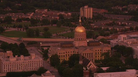 Atlanta, Georgia circa-2017, Aerial shot Capitol building in downtown Atlanta at sunset. Shot with Cineflex and RED Epic-W Helium.