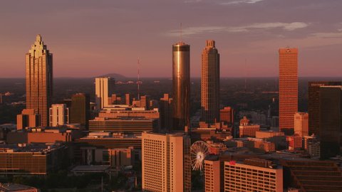 Atlanta, Georgia circa-2017, Aerial shot of downtown Atlanta at sunset. Shot with Cineflex and RED Epic-W Helium.