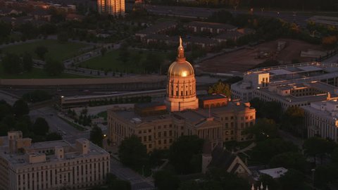 Atlanta, Georgia circa-2017, Aerial shot Capitol building in downtown Atlanta at sunset. Shot with Cineflex and RED Epic-W Helium.