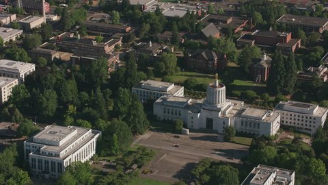 Salem, Oregon circa-2017, Aerial view of Oregon State Capitol Building, Salem, Oregon. Shot with Cineflex and RED Epic-W Helium.