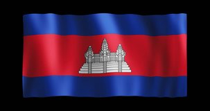 Flag of Cambodia; conformed to long ratio (2:1); gentle, stylized, non-realistic, unhinged waving; seamless loop animation with alpha channel; nice textile pattern visible in 4k