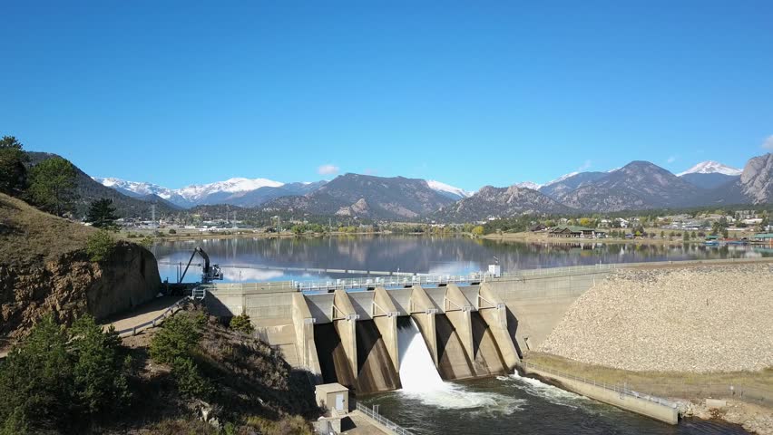 Aerial Drone View of the Dam at Lake Estes Park Colorado