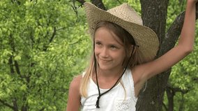Child in Orchard, Farmer Girl Face Relaxing Outdoor in Nature, Pensive Kid 4K