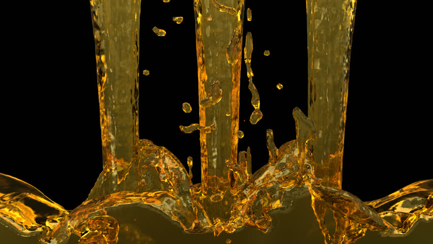Animated pouring automotive oil or engine oil and splashing quickly filling up whole container against transparent background. Liquid has no transparency.