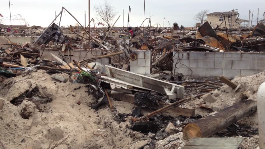 BREEZY POINT, QUEENS, NY-December 2, 2012: Video clip of wreckage and debris from homes destroyed by devastating fire during Hurricane Sandy.  111 homes were destroyed in the out-of-control blaze.