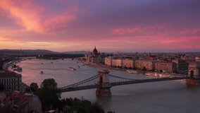 budapest skyline at sunset pan on main attractions