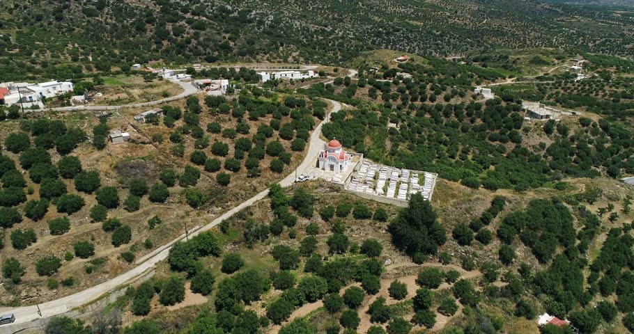 Great view of olive tree plantations, road and houses from a bird's eye view.