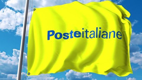 Waving flag with Poste Italiane logo against clouds and sky. 4K editorial animation