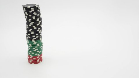 All In at Casino with Stack of Poker Chips Falling Over Slow Motion