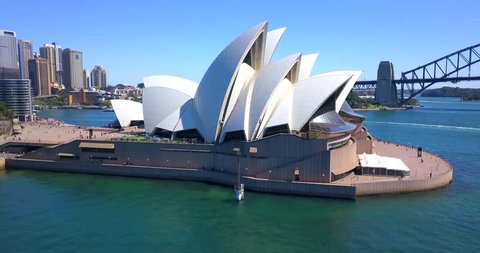 Aerial panoramic view of the Sydney opera house by the Harbour bridge. April 10, 2017. Sydney, Australia.