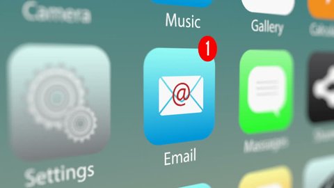 Close Up Shot of E-mail App Icon with Notifications and Incoming E-mail Counter on Smart Phone Screen. New E-Mail Message Notification on Smart Phone Device. 