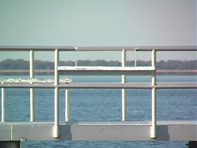 A beautiful young black woman wearing boots, jeans, and a colorful top, walks onto a metal lakeside dock from frame left, and pauses to enjoy the outdoors.