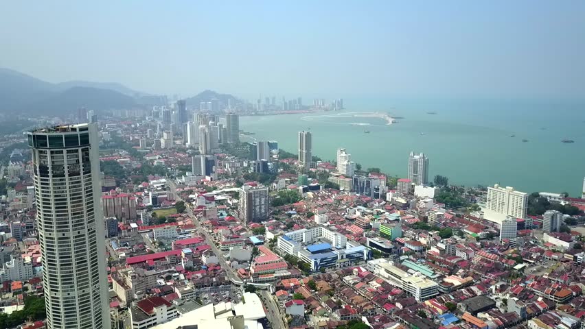 Aerial view of Penang City from Georgetown towards Gurney drive during the afternoon sky