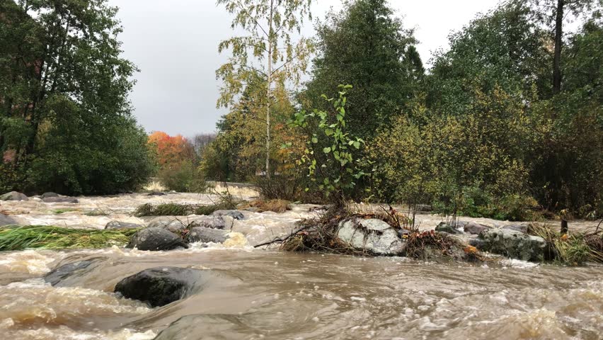 River flooding and water flowing forward with high energy.