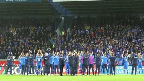 REYKJAVIK, ICELAND - SEPTEMBER 5, 2017: Players of Iceland National football team thank fans after FIFA World Cup 2018 qualifying game against Ukraine at Laugardalsvollur stadium in Reykjavik,Iceland