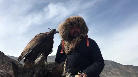 SAGSAY, MONGOLIA - SEP 30, 2017: Kazakh Eagle Hunter traditional clothing, while hunting to the hare holding a golden eagle on his arm in desert mountain of Western Mongolia.