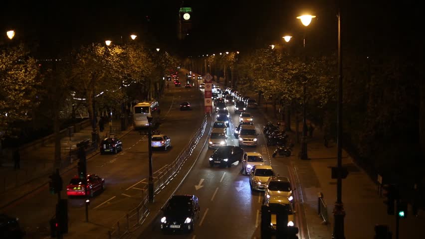 High angle of busy London Street at Night