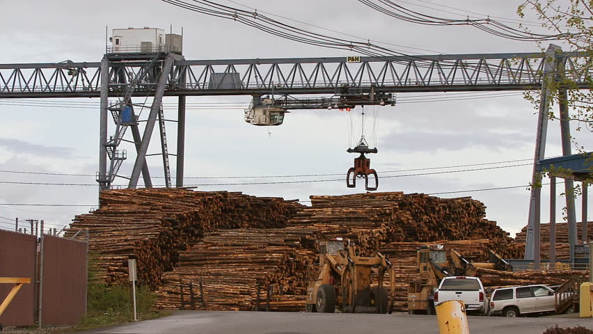 TACOMA, WA - CIRCA 2012: Heavy duty grapple dangling from gantry crane over log
