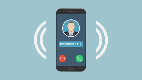 Ringing smartphone animation in flat design style on colored background. Vibrating mobile phone with sound waves, incoming business call. Ultra HD 4k CGI motion 3840 x 2160 mjpeg with alpha channel.