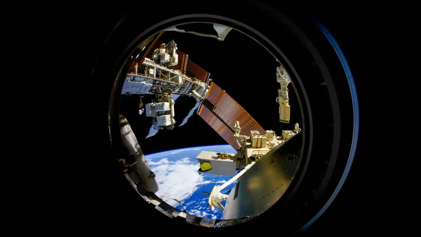 International Space Station view of rotating cloudy planet earth. Created from Public Domain images, courtesy of NASA Johnson Space Center : http://eol.jsc.nasa.gov. Zoom in