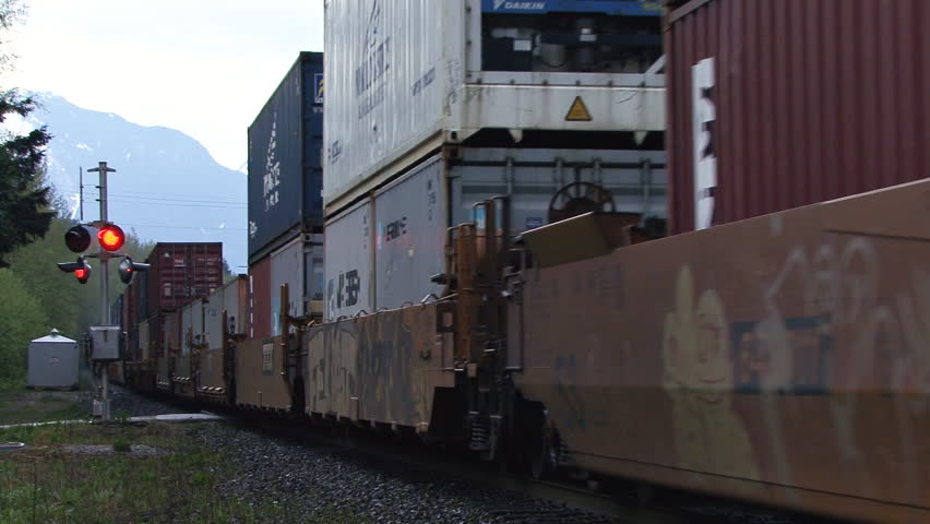 BRITISH COLUMBIA, CANADA - CIRCA 2012: The midsection of a fast moving freight