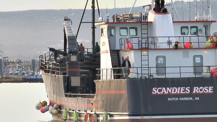 HOMER, AK - CIRCA 2011: Crew member deploys fenders on a large crabbing vessel