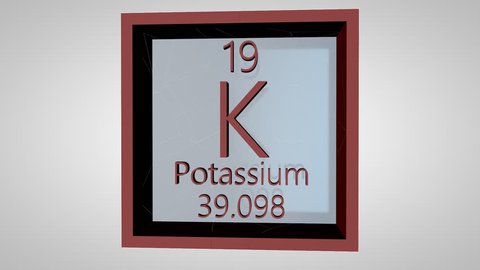 Potassium. Element of the periodic table of the Mendeleev system. IUPAC version is dated 28 November 2016. Standard atomic weight. 3D animation alpha PNG.