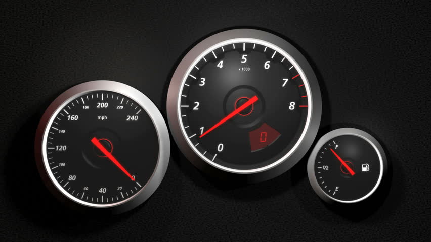 Speedometer, HD. 3D animated accelerating to 200 mph. Reflections from passing