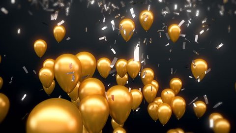 3d CGI animation of sparkling silver confetti falling on flying golden balloons. Perfect footage for celebration and party