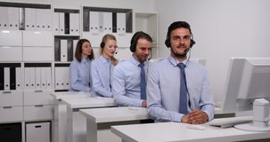 Customer Support Workers Are Work in Call Center Agent Man Happy Posing Camera