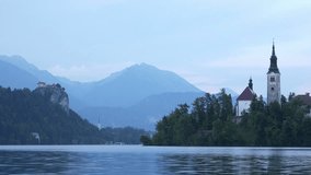 Evening on Island Bled in the Julian Alps in Slovenia. 4K Ultra HD 3840x2160 Video Clip