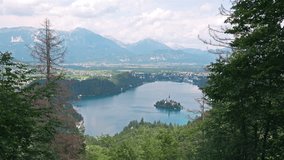 Aerial Timelapse. Scenic view of the Island Bled in the Julian Alps in Slovenia. 4K Ultra HD 3840x2160 Video Clip